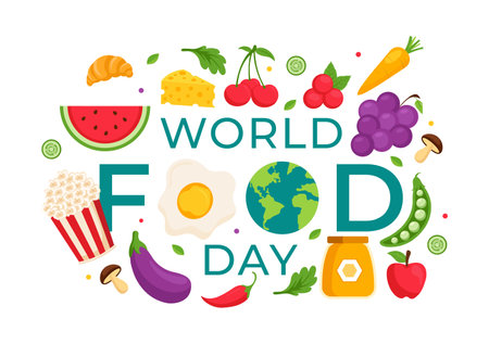 World Food Day Vector Illustration on 16 October with Various Foods, Fruit and Vegetable in a Flat Style Cartoon Backgroundのイラスト素材