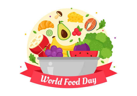 World Food Day Vector Illustration on 16 October with Various Foods, Fruit and Vegetable in a Flat Style Cartoon Backgroundのイラスト素材