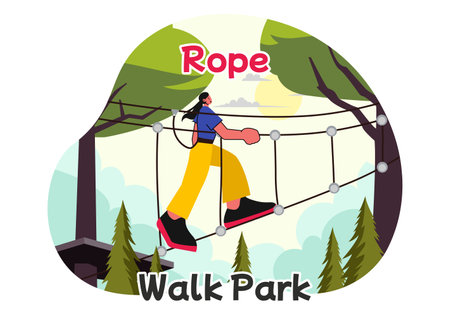 Rope Walk Park Vector Illustration of an Adventure Activity for Children Climbing Ropes at Height, Overcoming Obstacles with Safe Equipmentのイラスト素材