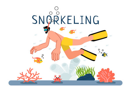 Snorkeling Adventure Vector Illustration featuring Underwater Swimming, Exploring the Sea, Coral Reefs, and Fish in a Flat Style Cartoon Backgroundのイラスト素材