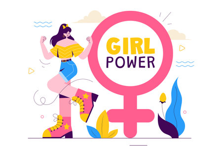 Girl Power Vector Illustration to Women as Strong and Independent, Advocating for Women's Rights and Diversity in a Flat Style Cartoon Backgroundのイラスト素材