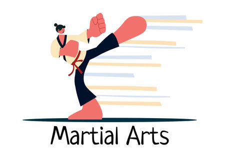 Martial Arts Vector Illustration with an Athlete Doing a High Kick Exercise, Practicing Karate or Performing Fighting Poses in a Flat Backgroundのイラスト素材