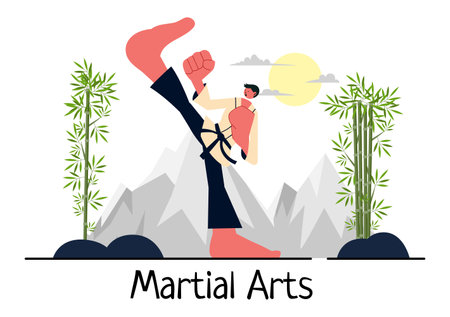 Martial Arts Vector Illustration with an Athlete Doing a High Kick Exercise, Practicing Karate or Performing Fighting Poses in a Flat Backgroundのイラスト素材
