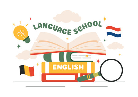 Language School Vector Illustration of Online Learning, Courses, Training Programs, and Studying Foreign Languages Abroad in a Flat Style Backgroundのイラスト素材