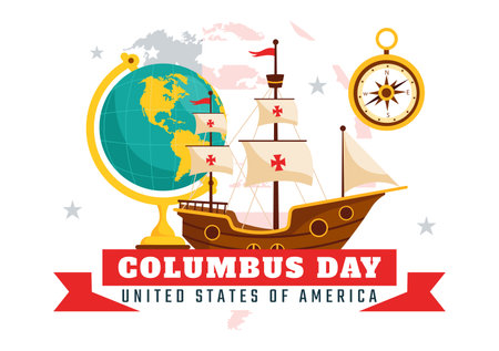 Happy Columbus Day vector illustration featuring a National USA Holiday, Showcasing a Ship and American Flag in a Flat Style Cartoon Designのイラスト素材
