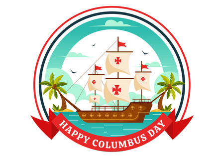 Happy Columbus Day vector illustration featuring a National USA Holiday, Showcasing a Ship and American Flag in a Flat Style Cartoon Designのイラスト素材