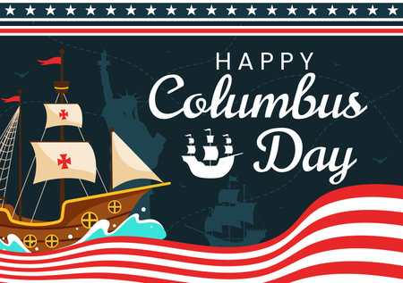 Happy Columbus Day vector illustration featuring a National USA Holiday, Showcasing a Ship and American Flag in a Flat Style Cartoon Designのイラスト素材