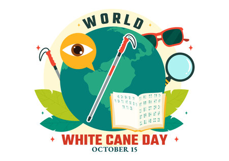 International White Cane Day Vector Illustration on 15 October, featuring a White Safety Cane for People with Visual Impairments or Blindnessのイラスト素材