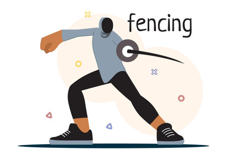 Fencing Player Sport Vector Illustration featuring a Fencer Competing on the Piste in a Sword Duel Competition Event with a Flat Cartoon Backgroundのイラスト素材