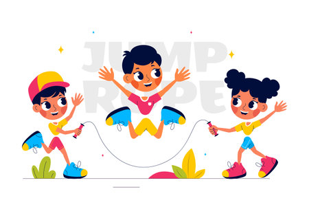 Vector Illustration of Children Playing Jump Rope Wearing Sportswear During Indoor Fitness Sport Activities in a Flat Style Cartoon Backgroundのイラスト素材