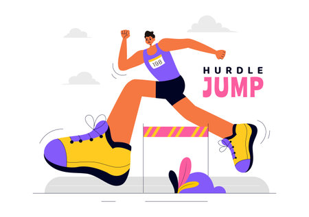 Vector Illustration of an Athlete Running Hurdles and Performing a Long Jump in a Sports Competition with an Obstacle Race in a Flat Backgroundのイラスト素材