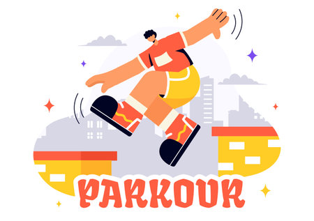 Parkour Sports Vector Illustration featuring Young Men Leaping Over Walls and Barriers in an Urban Cityscape with Buildings and Street in a Backgroundのイラスト素材