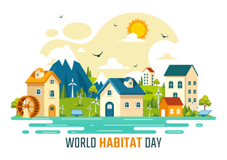 World Habitat Day Vector Illustration on 3 October, featuring a Clean City, Natural Trees, and Urban Areas for Adequate Housing in a Flat Backgroundのイラスト素材
