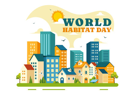 World Habitat Day Vector Illustration on 3 October, featuring a Clean City, Natural Trees, and Urban Areas for Adequate Housing in a Flat Backgroundのイラスト素材