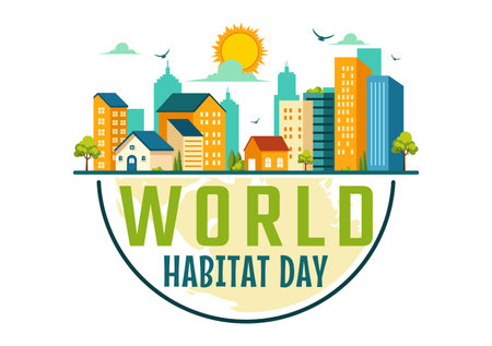 World Habitat Day Vector Illustration on 3 October, featuring a Clean City, Natural Trees, and Urban Areas for Adequate Housing in a Flat Backgroundのイラスト素材