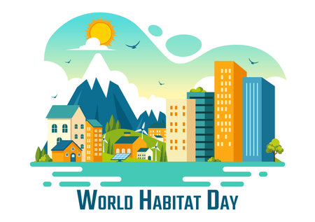 World Habitat Day Vector Illustration on 3 October, featuring a Clean City, Natural Trees, and Urban Areas for Adequate Housing in a Flat Backgroundのイラスト素材