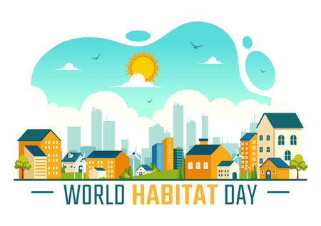 World Habitat Day Vector Illustration on 3 October, featuring a Clean City, Natural Trees, and Urban Areas for Adequate Housing in a Flat Backgroundのイラスト素材