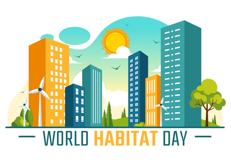 World Habitat Day Vector Illustration on 3 October, featuring a Clean City, Natural Trees, and Urban Areas for Adequate Housing in a Flat Backgroundのイラスト素材