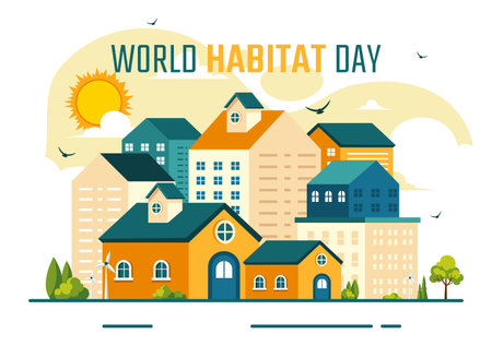 World Habitat Day Vector Illustration on 3 October, featuring a Clean City, Natural Trees, and Urban Areas for Adequate Housing in a Flat Backgroundのイラスト素材