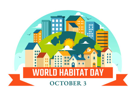 World Habitat Day Vector Illustration on 3 October, featuring a Clean City, Natural Trees, and Urban Areas for Adequate Housing in a Flat Backgroundのイラスト素材