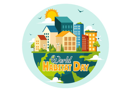 World Habitat Day Vector Illustration on 3 October, featuring a Clean City, Natural Trees, and Urban Areas for Adequate Housing in a Flat Backgroundのイラスト素材