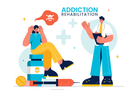 Addiction Rehabilitation Vector Illustration featuring an Inpatient Drug Rehab Center, Treatment Methods, and the Stabilization of Medical Conditionsのイラスト素材