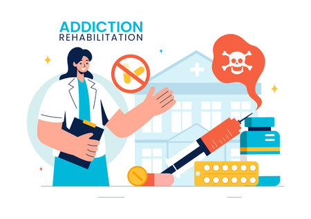 Addiction Rehabilitation Vector Illustration featuring an Inpatient Drug Rehab Center, Treatment Methods, and the Stabilization of Medical Conditionsのイラスト素材