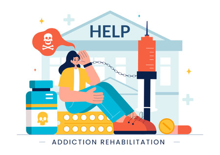 Addiction Rehabilitation Vector Illustration featuring an Inpatient Drug Rehab Center, Treatment Methods, and the Stabilization of Medical Conditionsのイラスト素材