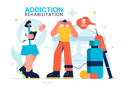 Addiction Rehabilitation Vector Illustration featuring an Inpatient Drug Rehab Center, Treatment Methods, and the Stabilization of Medical Conditionsのイラスト素材