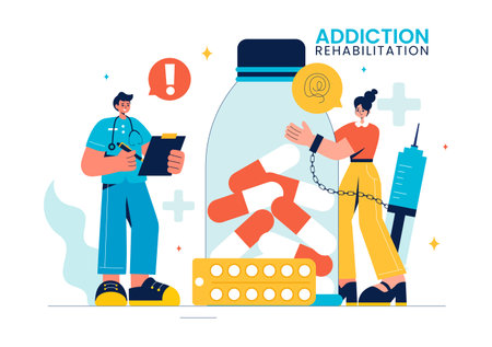 Addiction Rehabilitation Vector Illustration featuring an Inpatient Drug Rehab Center, Treatment Methods, and the Stabilization of Medical Conditionsのイラスト素材