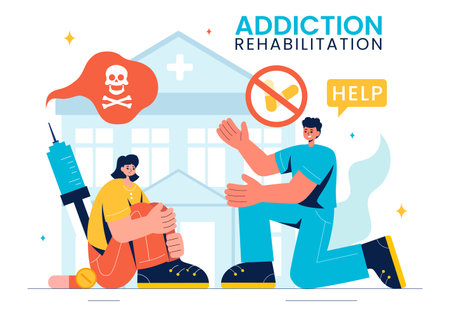 Addiction Rehabilitation Vector Illustration featuring an Inpatient Drug Rehab Center, Treatment Methods, and the Stabilization of Medical Conditionsのイラスト素材