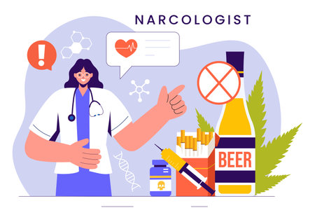 Narcologist Vector Illustration Featuring a Doctor, Drug Addiction Awareness, and Alcohol and Tobacco Issues in Healthcare in a Flat Backgroundのイラスト素材
