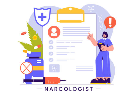 Narcologist Vector Illustration Featuring a Doctor, Drug Addiction Awareness, and Alcohol and Tobacco Issues in Healthcare in a Flat Backgroundのイラスト素材