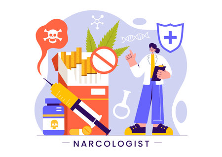 Narcologist Vector Illustration Featuring a Doctor, Drug Addiction Awareness, and Alcohol and Tobacco Issues in Healthcare in a Flat Backgroundのイラスト素材