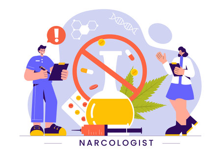 Narcologist Vector Illustration Featuring a Doctor, Drug Addiction Awareness, and Alcohol and Tobacco Issues in Healthcare in a Flat Backgroundのイラスト素材