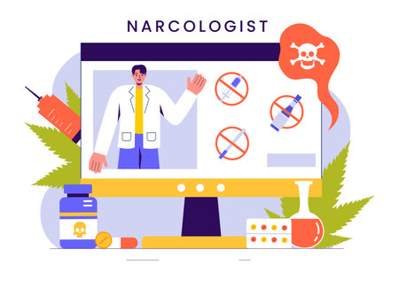 Narcologist Vector Illustration Featuring a Doctor, Drug Addiction Awareness, and Alcohol and Tobacco Issues in Healthcare in a Flat Backgroundのイラスト素材