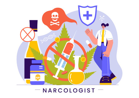 Narcologist Vector Illustration Featuring a Doctor, Drug Addiction Awareness, and Alcohol and Tobacco Issues in Healthcare in a Flat Backgroundのイラスト素材