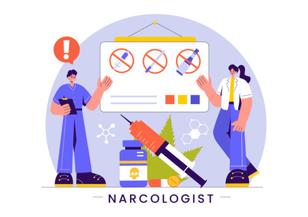 Narcologist Vector Illustration Featuring a Doctor, Drug Addiction Awareness, and Alcohol and Tobacco Issues in Healthcare in a Flat Backgroundのイラスト素材