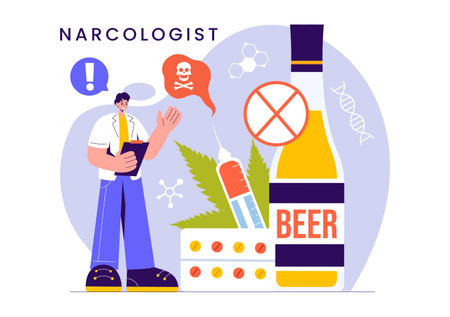 Narcologist Vector Illustration Featuring a Doctor, Drug Addiction Awareness, and Alcohol and Tobacco Issues in Healthcare in a Flat Backgroundのイラスト素材