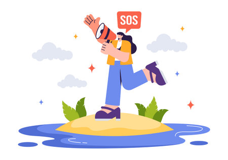 SOS Message Illustration featuring People in Need of Emergency Assistance in Various Situations like Being Lost, Drowning, Stranded on an Islandのイラスト素材