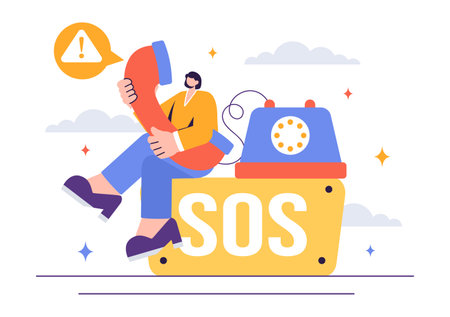 SOS Message Illustration featuring People in Need of Emergency Assistance in Various Situations like Being Lost, Drowning, Stranded on an Islandのイラスト素材