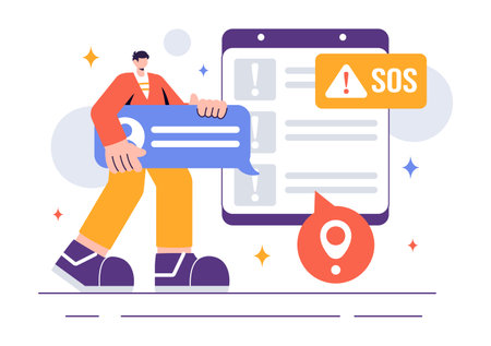 SOS Message Illustration featuring People in Need of Emergency Assistance in Various Situations like Being Lost, Drowning, Stranded on an Islandのイラスト素材