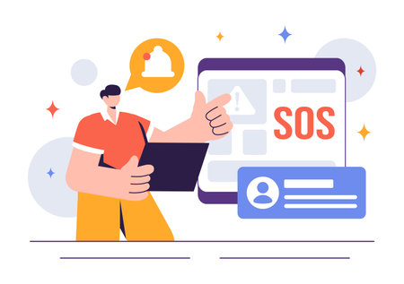 SOS Message Illustration featuring People in Need of Emergency Assistance in Various Situations like Being Lost, Drowning, Stranded on an Islandのイラスト素材