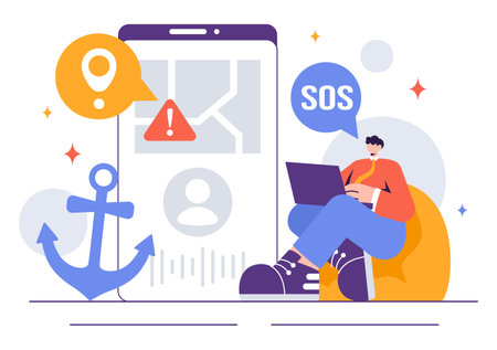 SOS Message Illustration featuring People in Need of Emergency Assistance in Various Situations like Being Lost, Drowning, Stranded on an Islandのイラスト素材