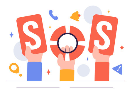 SOS Message Illustration featuring People in Need of Emergency Assistance in Various Situations like Being Lost, Drowning, Stranded on an Islandのイラスト素材