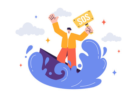 SOS Message Illustration featuring People in Need of Emergency Assistance in Various Situations like Being Lost, Drowning, Stranded on an Islandのイラスト素材