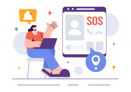 SOS Message Illustration featuring People in Need of Emergency Assistance in Various Situations like Being Lost, Drowning, Stranded on an Islandのイラスト素材