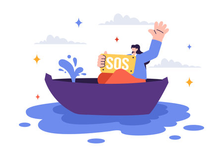 SOS Message Illustration featuring People in Need of Emergency Assistance in Various Situations like Being Lost, Drowning, Stranded on an Islandのイラスト素材