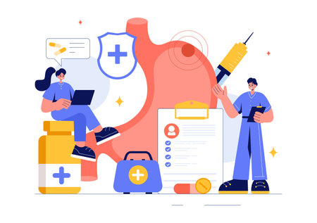 Stomach Health Gastroenterology Vector Illustration Featuring Abdominal Pain and Medical Research for Healthcare in a Flat Style Cartoon Backgroundのイラスト素材