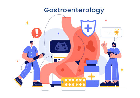 Stomach Health Gastroenterology Vector Illustration Featuring Abdominal Pain and Medical Research for Healthcare in a Flat Style Cartoon Backgroundのイラスト素材